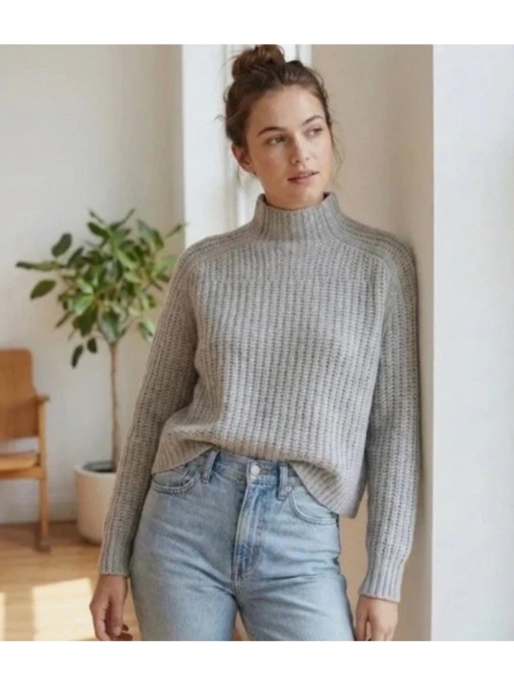 Madewell Pointelle Stitch Mockneck Sweater Womens Gray 100% Merino Wool Boxy XL